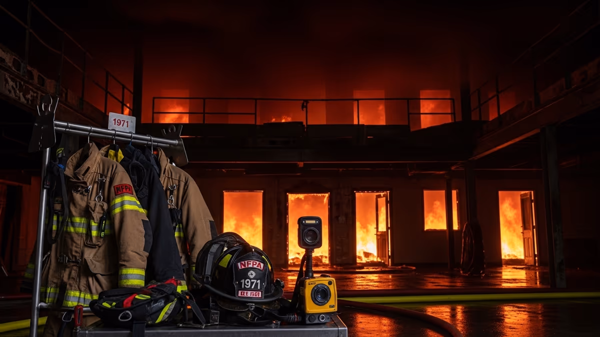 Bombero equipado con traje NFPA 1971 y ERA en combate estructural